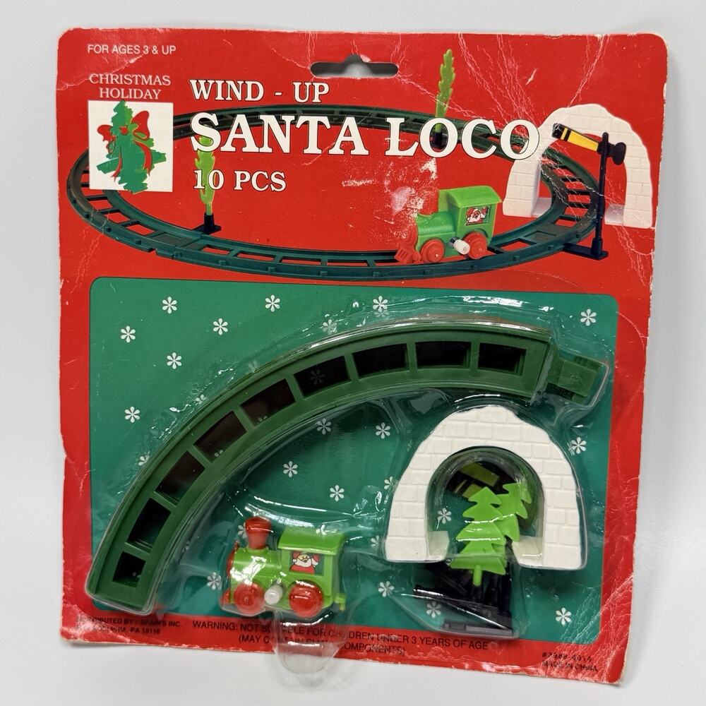 Vtg Christmas Wind Up Santa Loco Miniature Toy Train Set Tracks Tunnel 80s NEW
